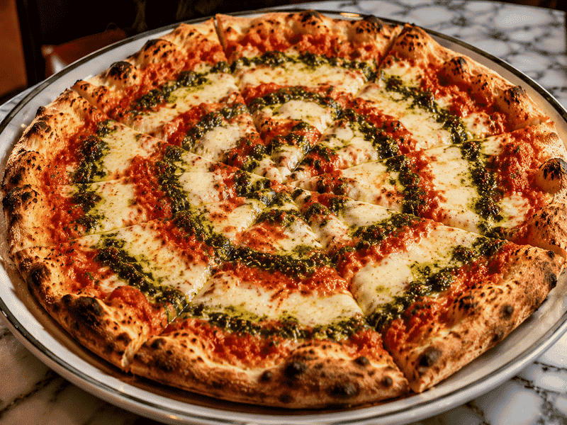 Rubirosa Tie Dye Pizza with mozzarella, tomato sauce, and pesto on a crispy crust.
