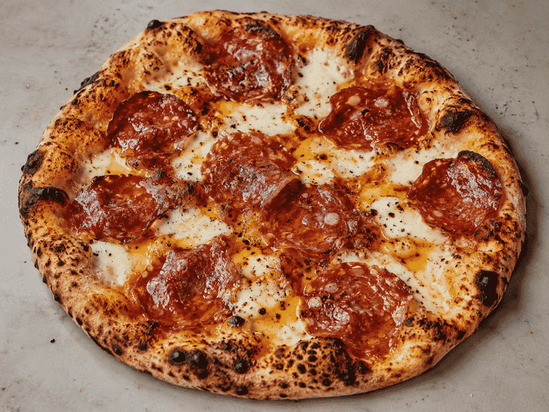 Roberta’s Bee Sting pizza topped with mozzarella, soppressata, and hot honey on a charred, crispy crust.