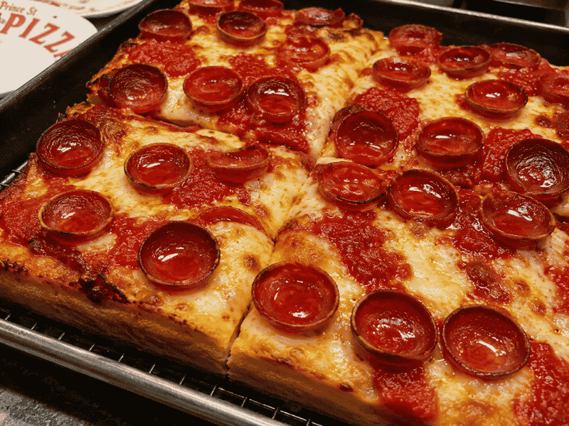 Prince Street Pizza Sicilian pepperoni slice with crispy crust.